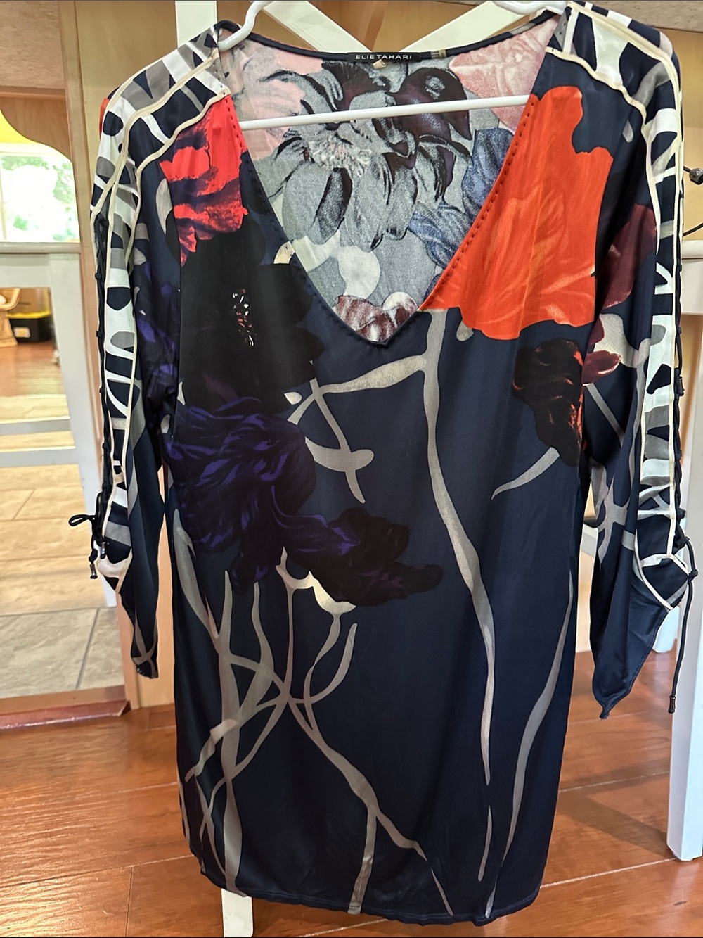 Elie Tahari Navy Floral V-Neck Tunic with Red & Purple Blooms